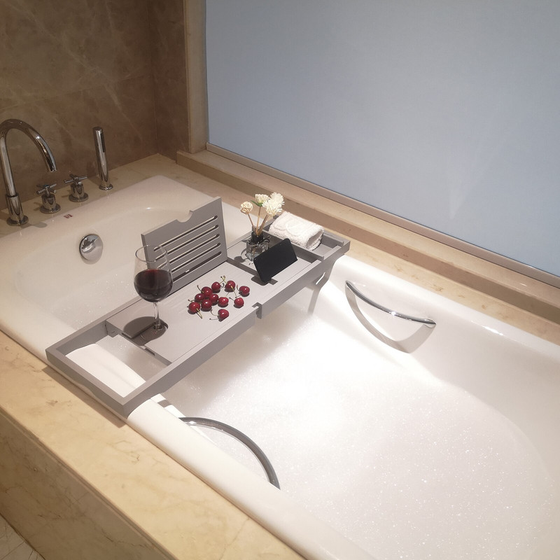 Poslužavnik za kadu Spa kada za kupanje od bambusa Caddy Organizator Poslužavnik za posluživanje Držač za vino Držač za vino Neklizajuće dno, produživo pladanj za kupanje Polica za kupaonicu