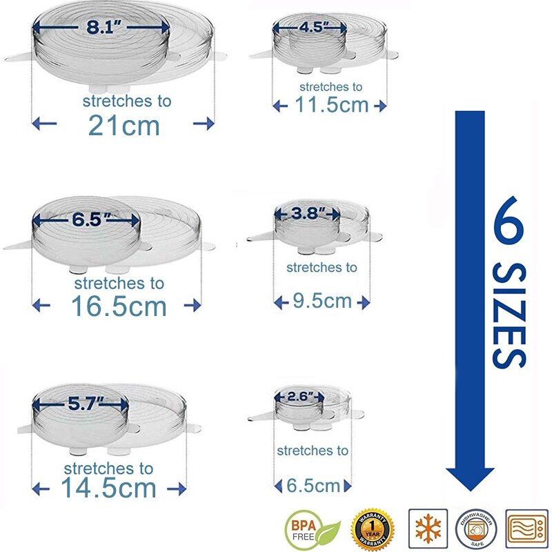 Maisto konservavimo dangtelis Silikoninis dangtelis Elastingas Stratchy Vaisių Daržovių Universalus Indas Šviežias Dangtis Mikrobangų krosnelės dangtelis Šildomas 6vnt