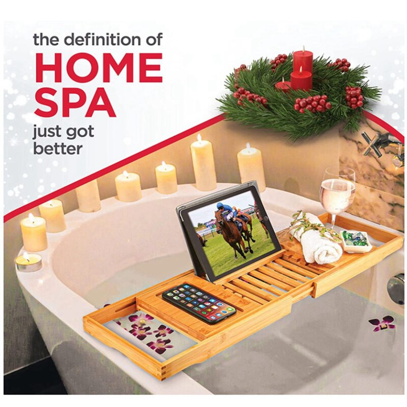 Vonios laikymo dėžutės dėklas su prailgintu šoniniu skaitymo stovu, planšetinio kompiuterio laikikliu, mobiliojo telefono dėklu ir vyno taurės laikikliu