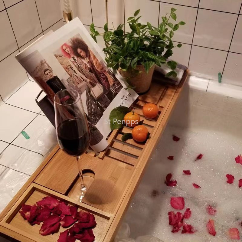 Výsuvná bambusová vaňová tácka, protišmyková vaňová tácka, rekreačné kúpeľňové svetlo, luxusná úložná skrinka na loptičky do kúpeľa, stojan na knihy a víno