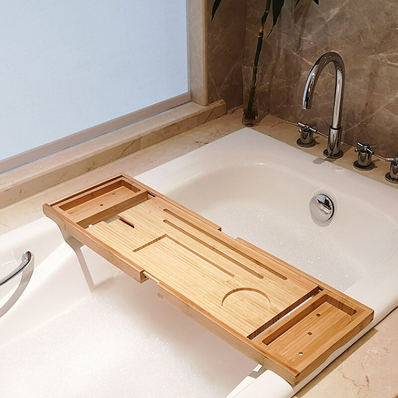 Ištraukiami vonios padėklai Bambuko SPA vonia Tvarkyklės knyga Vyno laikiklis Neslystantis dugnas Šonai Vonios kambario laikymo lentynos