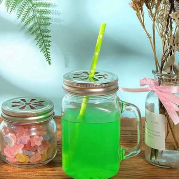 16Pcs Regular Mouth Mason Can Jar капак Устойчив на ръжда Маргаритка с дупка за слама Куха капачка за цветя за топка, буркани за консерви и т.н.