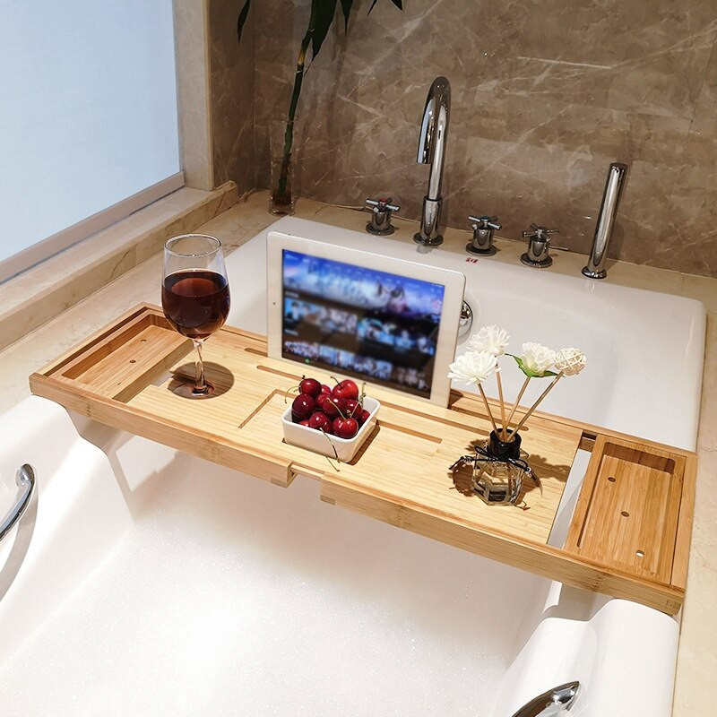 Tavi extensibile pentru cada de baie Organizator pentru cadă spa din bambus Suport pentru vin pentru carte, laturi inferioare antiderapante Rafturi de depozitare pentru baie