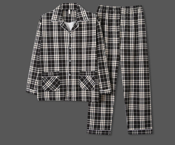 Pijamale bărbați în carouri cu guler și buzunar clasic