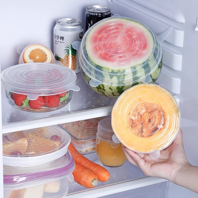 Înveliș din plastic din silicon extensibil multifuncțional Capac pentru bol din silicon Set de 6 bucăți de huse din silicon pentru alimente pentru ustensile de bucătărie