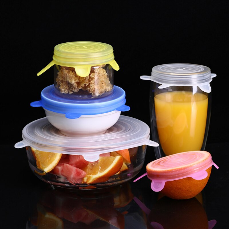 Înveliș din plastic din silicon extensibil multifuncțional Capac pentru bol din silicon Set de 6 bucăți de huse din silicon pentru alimente pentru ustensile de bucătărie