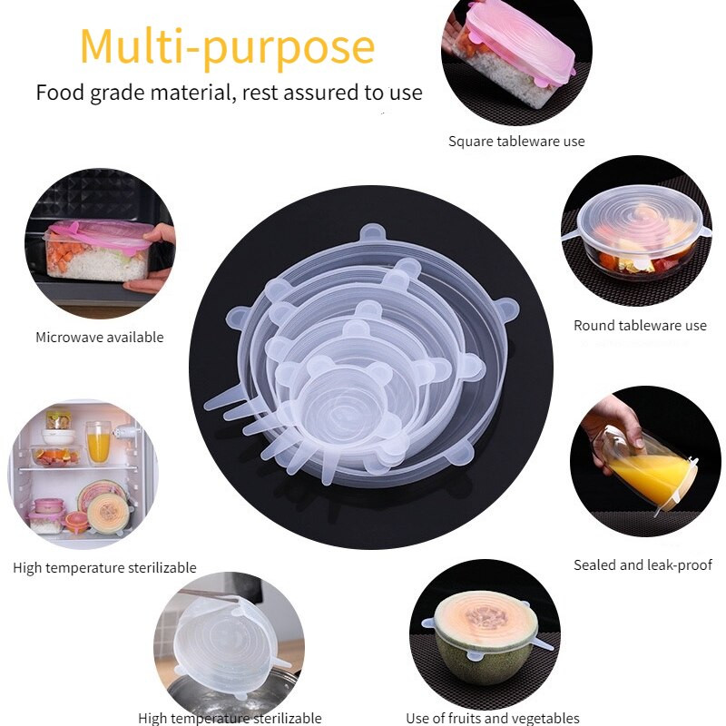 Înveliș din plastic din silicon extensibil multifuncțional Capac pentru bol din silicon Set de 6 bucăți de huse din silicon pentru alimente pentru ustensile de bucătărie