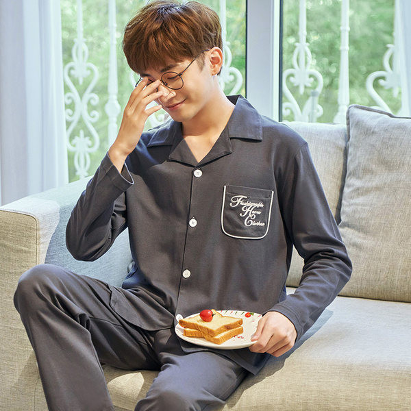 Pijamale bărbați din două piese cu guler și buzunar clasic