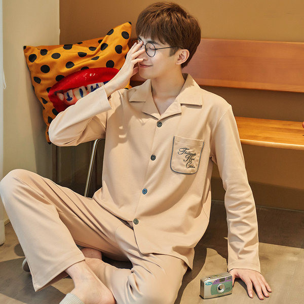 Pijamale bărbați din două piese cu guler și buzunar clasic