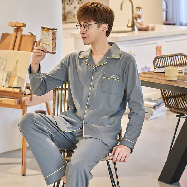 Pijamale bărbați din două piese cu guler și buzunar clasic