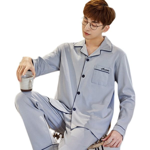 Pijamale bărbați din două piese cu guler și buzunar clasic