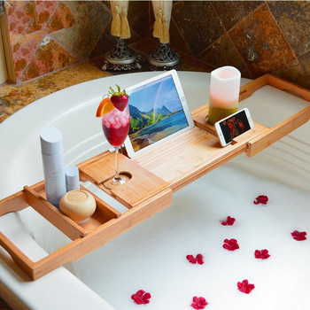 Бамбукова табла за вана Нехлъзгаща се дървена вана Caddy Tray Спа вана Книга Винен държач за таблет Поставка за четене за вана Продукт за баня