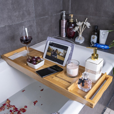 Bambuko vonios padėklas neslystantis medinis vonios padėklas SPA vonia knyga vyno tablečių laikiklis skaitymo stovas, skirtas vonios vonios gaminiui
