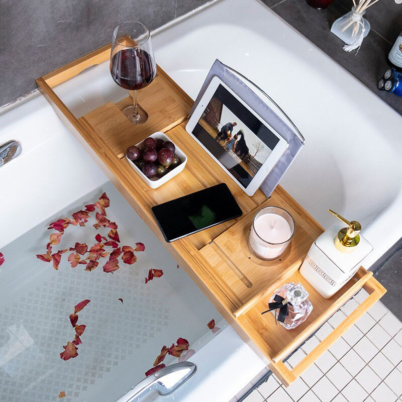 Bambuko vonios padėklas neslystantis medinis vonios padėklas SPA vonia knyga vyno tablečių laikiklis skaitymo stovas, skirtas vonios vonios gaminiui