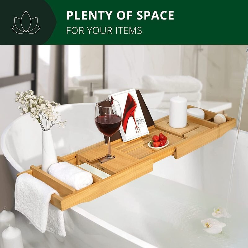 Bambuko vonios padėklas neslystantis medinis vonios padėklas SPA vonia knyga vyno tablečių laikiklis skaitymo stovas, skirtas vonios vonios gaminiui