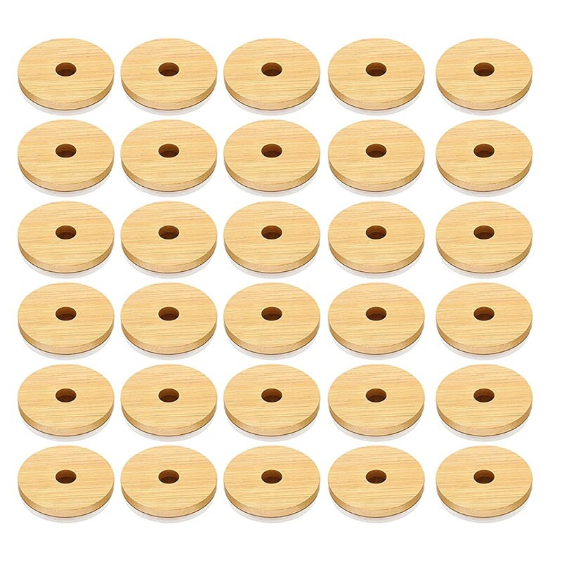 Bambuko indelių dangteliai su šiaudų skylute Daugkartiniai stiklainių dangteliai, nepraleidžiantys nuotėkio, stikliniai gėrimų laikymo stiklainiai, konservų dangteliai