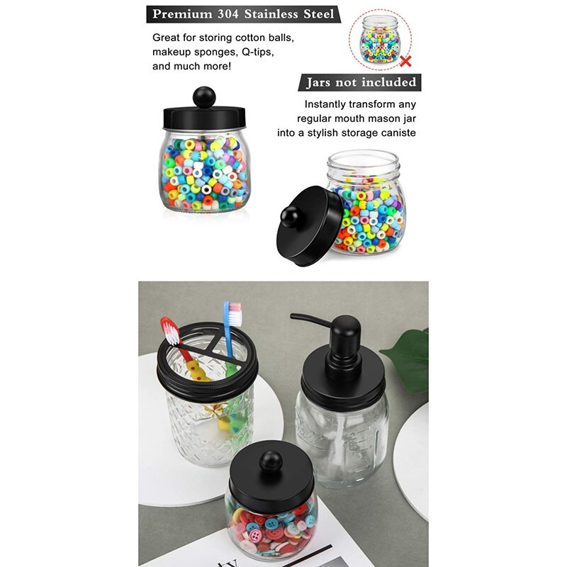 Sada vrchnákov do kúpeľňových doplnkov Mason Jar (4 ks), držiak na zubnú kefku, vrchnáky do lekárenských nádob na skladovanie v ústach Mason