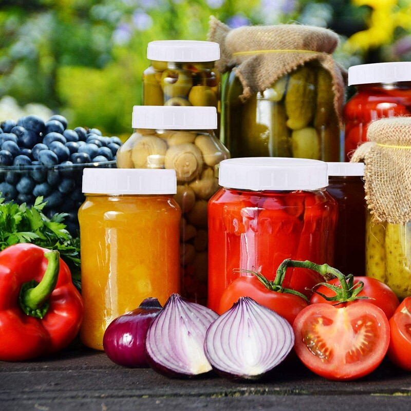 Műanyag normál szájú befőttesüveg fedelek golyókhoz, kerrekhez és egyéb élelmiszerekhez, fehér műanyag tároló kupakok 20 db