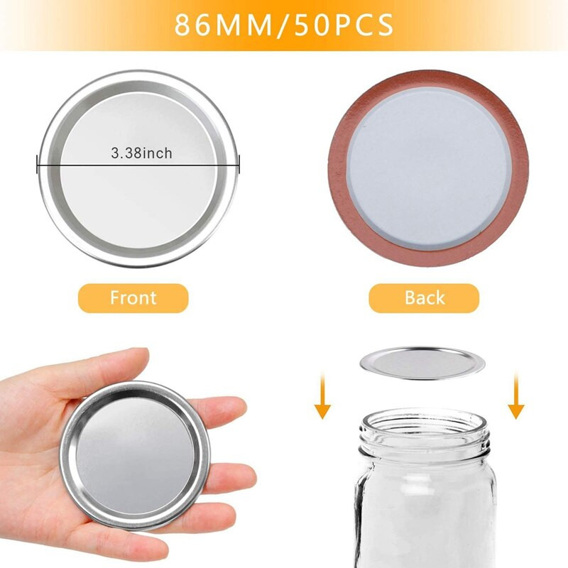 50 ks zaváracích viečok Mason Glass s priemerom 86 mm, opakovane použiteľné nepriepustné strieborné viečka s deleným uzáverom a silikónovými tesniacimi krúžkami