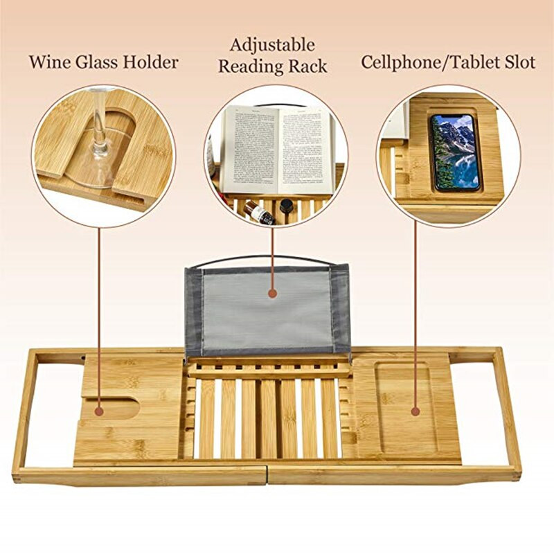 Разтегателен рафт за баня Вана Тава Душ Caddy Бамбукова стойка за вана Поставка за кърпи Вино Поставка за книги Организация за съхранение Аксесоари