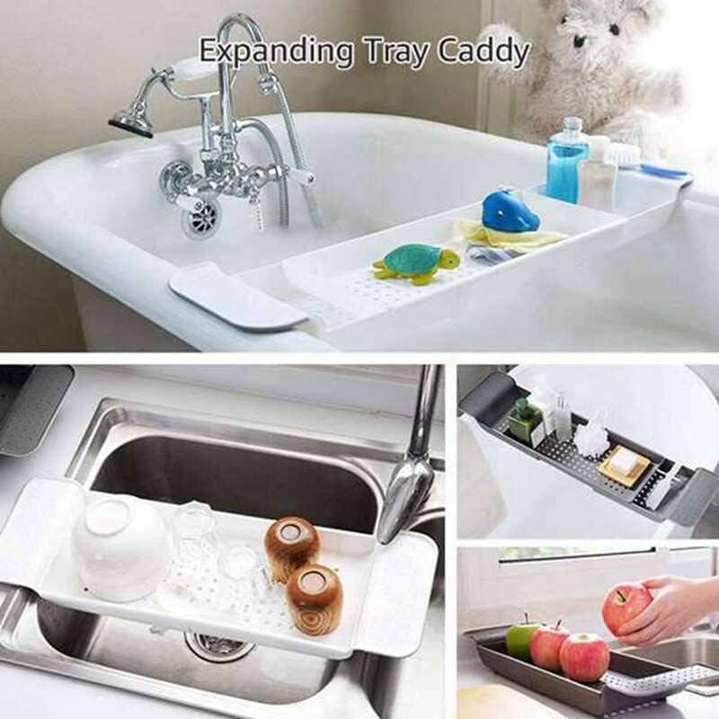 Daugiafunkcis reguliuojamas vonios padėklas dušo vyno taurės knygų laikiklis Virtuvės kanalizacijos krepšelis vonios priedai