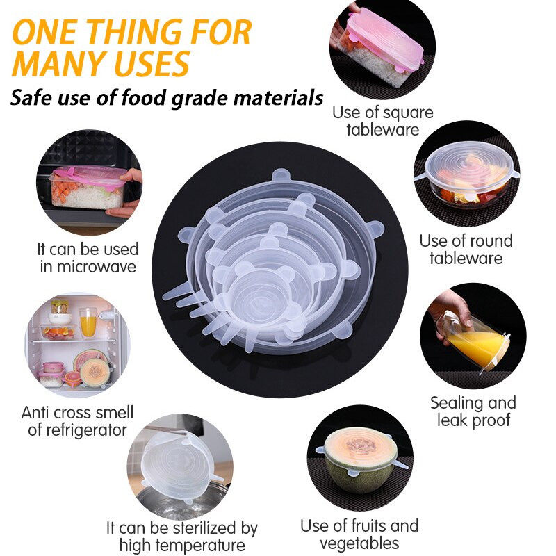 Set de 6 bucăți de capace din silicon pentru păstrarea alimentelor proaspete Huse de etanșare extensibile reutilizabile Manșon de păstrare proaspete pentru containere universale