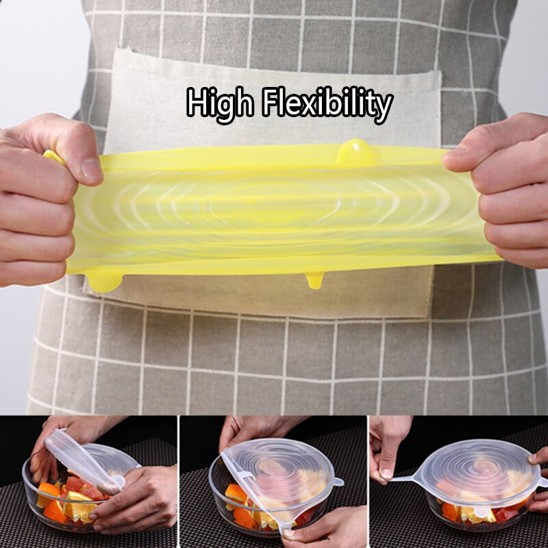 Set de 6 bucăți de capace din silicon pentru păstrarea alimentelor proaspete Huse de etanșare extensibile reutilizabile Manșon de păstrare proaspete pentru containere universale