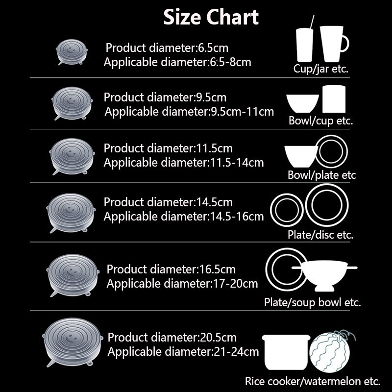 Set de 6 bucăți de capace din silicon pentru păstrarea alimentelor proaspete Huse de etanșare extensibile reutilizabile Manșon de păstrare proaspete pentru containere universale