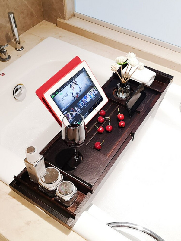 Tavă pentru cadă de baie maro bambus Suport de depozitare pentru cadă de baie Raft de duș reglabil pentru casă Spa Suport tabletă cu vin Suport pentru lectură