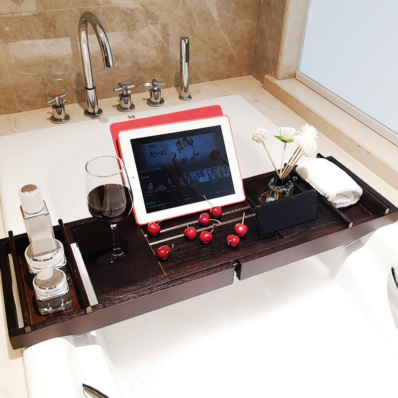 Tavă pentru cadă de baie maro bambus Suport de depozitare pentru cadă de baie Raft de duș reglabil pentru casă Spa Suport tabletă cu vin Suport pentru lectură
