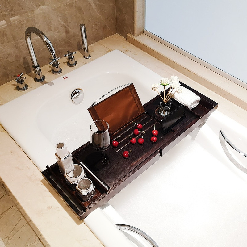 Tavă pentru cadă de baie maro bambus Suport de depozitare pentru cadă de baie Raft de duș reglabil pentru casă Spa Suport tabletă cu vin Suport pentru lectură