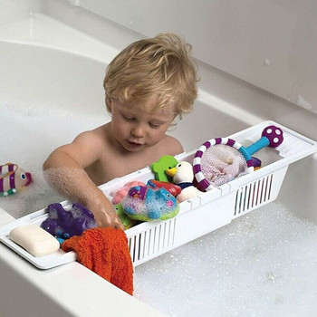 Вана Caddy Tray Пластмасова вана Кошница Рафт Поставка Играчки за баня Органайзер Прибираща се поставка за съхранение Организация за съхранение в банята
