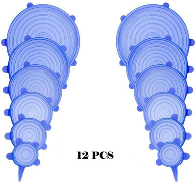 12 komada silikonskih navlaka za hranu za višekratnu upotrebu, rastezljivih poklopaca, elastičnih podesivih zdjelica, navlaka za mikrovalnu pećnicu, kuhinjska folija, silikonske kapice koje čuvaju svježinu