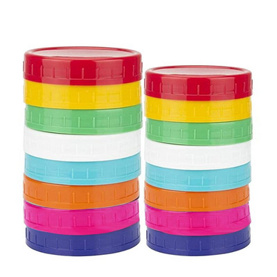 16 опаковки от цветни пластмасови капачки за буркани Mason -8 капака с широко гърло и 8 обикновени топки за уста Mason капачки, противоплъзгащи се капачки за съхранение на храна