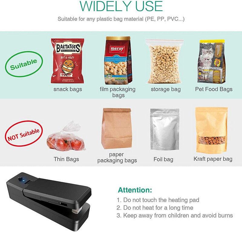 USB mini uzatvárač vreciek 2 v 1 prenosné tepelné uzatvárače, nabíjateľné ručné vákuové tepelné uzatvárače a rezačky na skladovanie plastových vreciek, potraviny