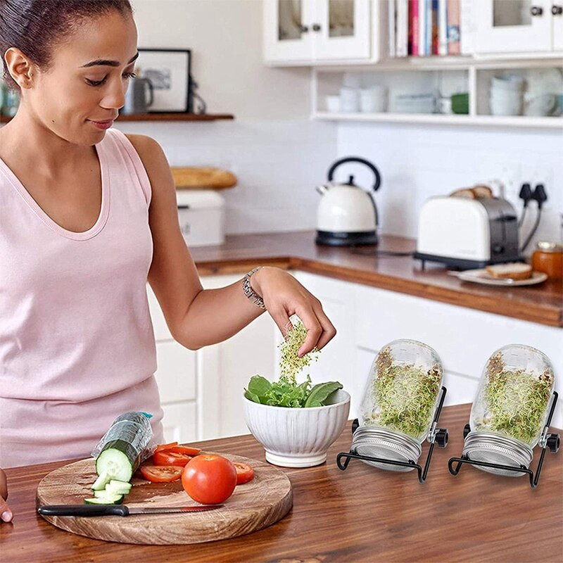 2 seturi de borcan de sticlă de 1000 ml, kit de borcan de germinare pentru bucătărie/grădină de acasă, oală de zidar cu capac din oțel inoxidabil cu suport