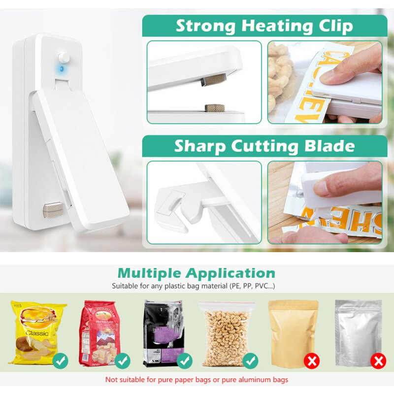 USB зареждане Уплътнителна чанта Уплътнител за пластмасови опаковки Затопляне на храна Затворете торбички Кухня Преносима машина за запечатване Уплътнител за торбички Съхранение на храна