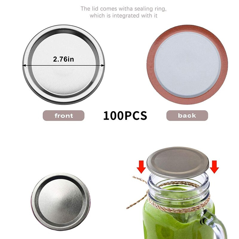 100 komada običnih poklopaca za konzerviranje staklenki od 70 mm s običnim otvorom za staklenke, višekratni srebrni poklopci otporni na curenje, podijeljeni, sa silikonskim brtvenim prstenovima