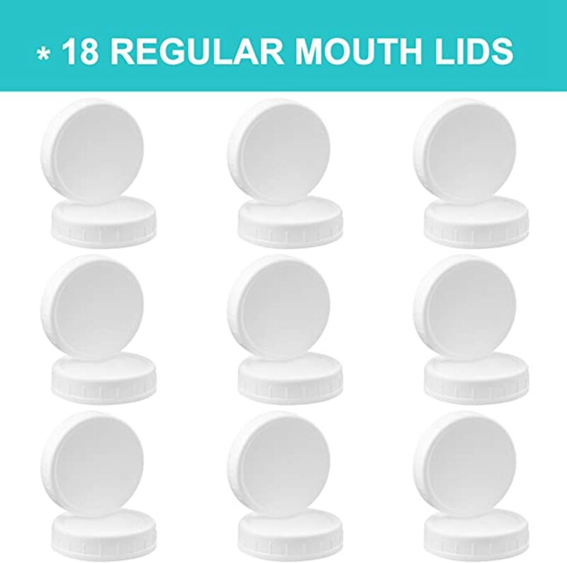 Pachete de 18 capace de borcan Mason cu gură obișnuită din plastic pentru bile, Kerr și altele - capace de depozitare din plastic alb de calitate alimentară