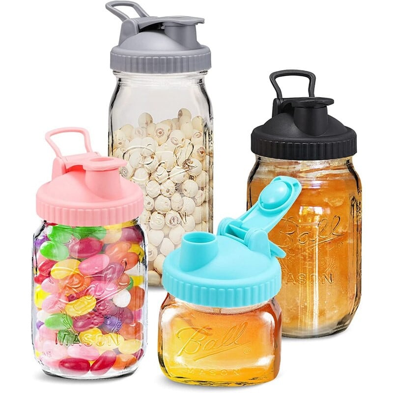 4 vnt Mason Jar dangtelis, daugkartinio naudojimo atverčiamas stiklainio užsukamas dangtelis, nepralaidus sandariklis, įprastam burnos stiklainiui, uogienės kavos limonadui pilti