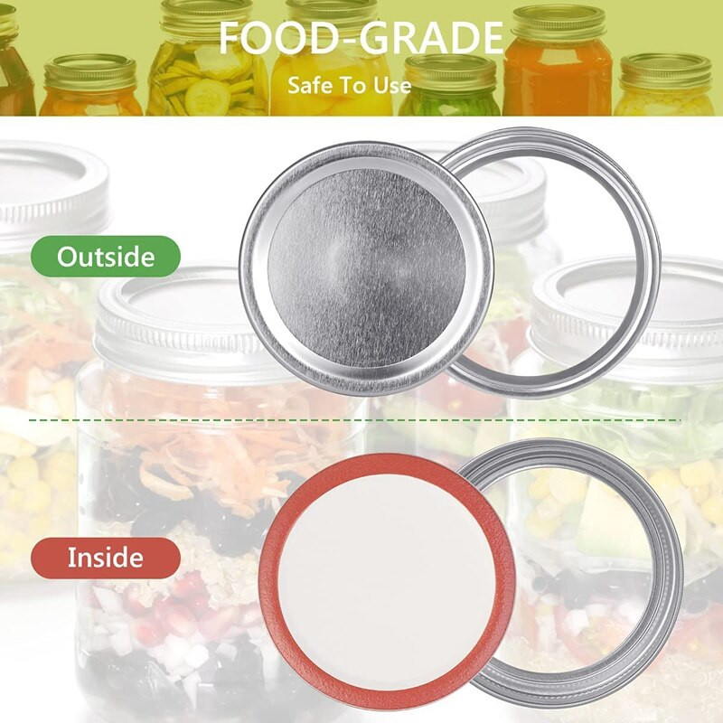 20 vnt. „Mason“ stiklainių dangtelių ir žiedų rinkinys, skirtas įprastam burnos konservavimui, suskaidyto tipo ir nepralaidūs „Ball Kerr“ stiklainių dangteliai (70 MM)