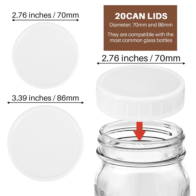 20 ks plastových úložných uzáverov s rebrovanými viečkami pre štandardnú fľašu Mason Jar s priemerom 70 mm/86 mm
