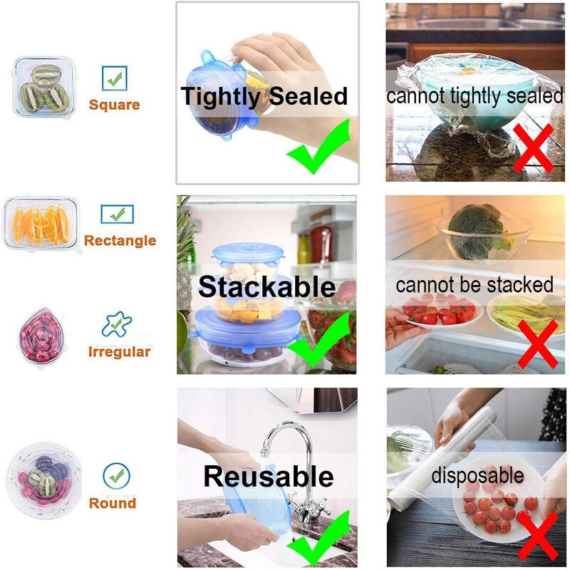 Poklopac za svježu hranu od 6 komada Univerzalni poklopac za lonac Silikonska brtva za zdjelu Topli paket za mikrovalnu pećnicu Prozirni silikon, jaki elastični