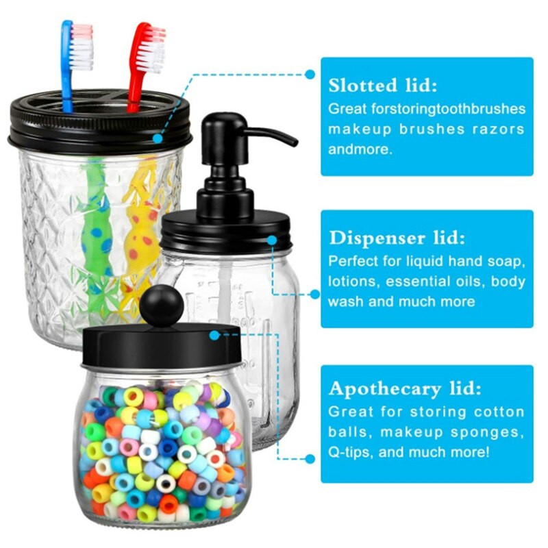 Set poklopaca za kupaonski pribor Mason Jar (4kom), držač četkice za zube, poklopci za apotekarske staklenke za pohranu za Regular Mouth Mason