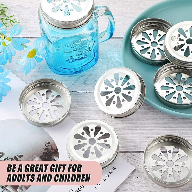 16 ks bežných úst Mason Can Jar Veko hrdze odolné proti hrdzi Daisy Cut s otvorom na slamu dutý kvetinový kryt na gule, zaváracie poháre atď.