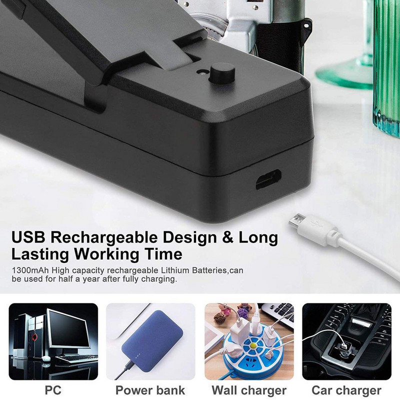 Mini uzatvárač vreciek 2 v 1 Prenosné tepelné uzatvárače USB Nabíjateľné ručné vákuové tepelné uzatvárače Rezačka na plastové vrecká na skladovanie potravín
