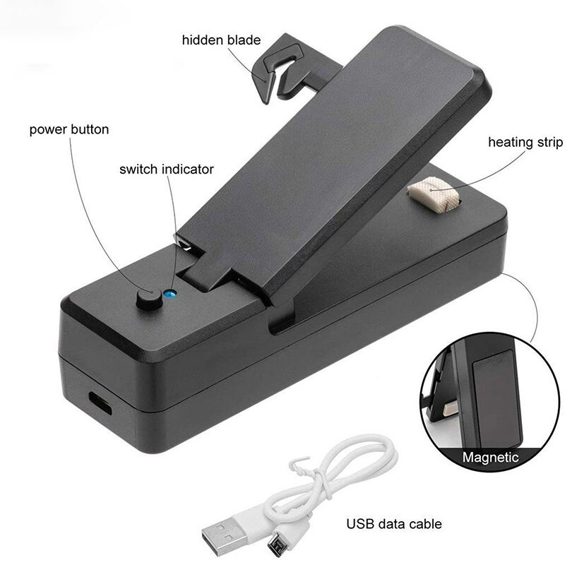 Mini uzatvárateľ tašiek, nabíjateľná ručná uzatvárateľka tepla s USB a rezačka, prenosná vákuová uzatvárateľka potravín na plastové vrecká 2 v 1