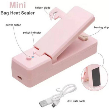 Mini 2 ΣΕ 1 Στεγανοποιητικό μηχάνημα σφράγισης τσάντας με κόφτη USB Φορτιζόμενη πλαστική συσκευασία Φορητή συσκευή αποθήκευσης τροφίμων Κουζίνα