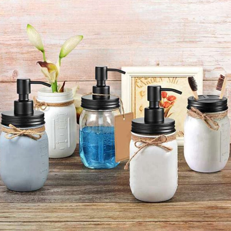 Sada vrchnákov do kúpeľňových doplnkov Mason Jar (4 ks), držiak na zubnú kefku, vrchnáky do lekárenských nádob na skladovanie v ústach Mason