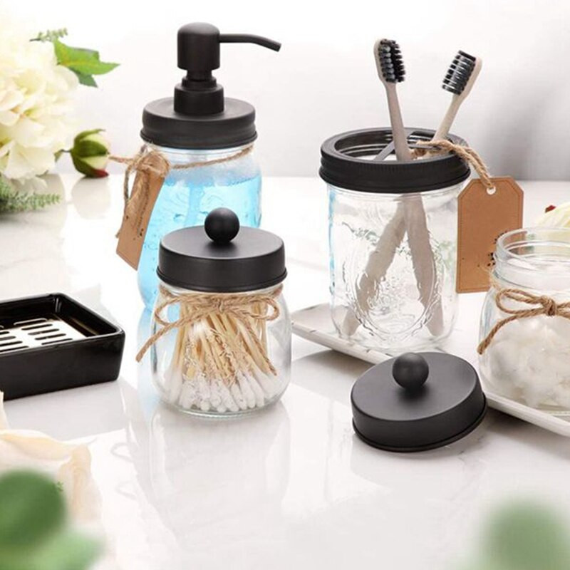 Sada vrchnákov do kúpeľňových doplnkov Mason Jar (4 ks), držiak na zubnú kefku, vrchnáky do lekárenských nádob na skladovanie v ústach Mason